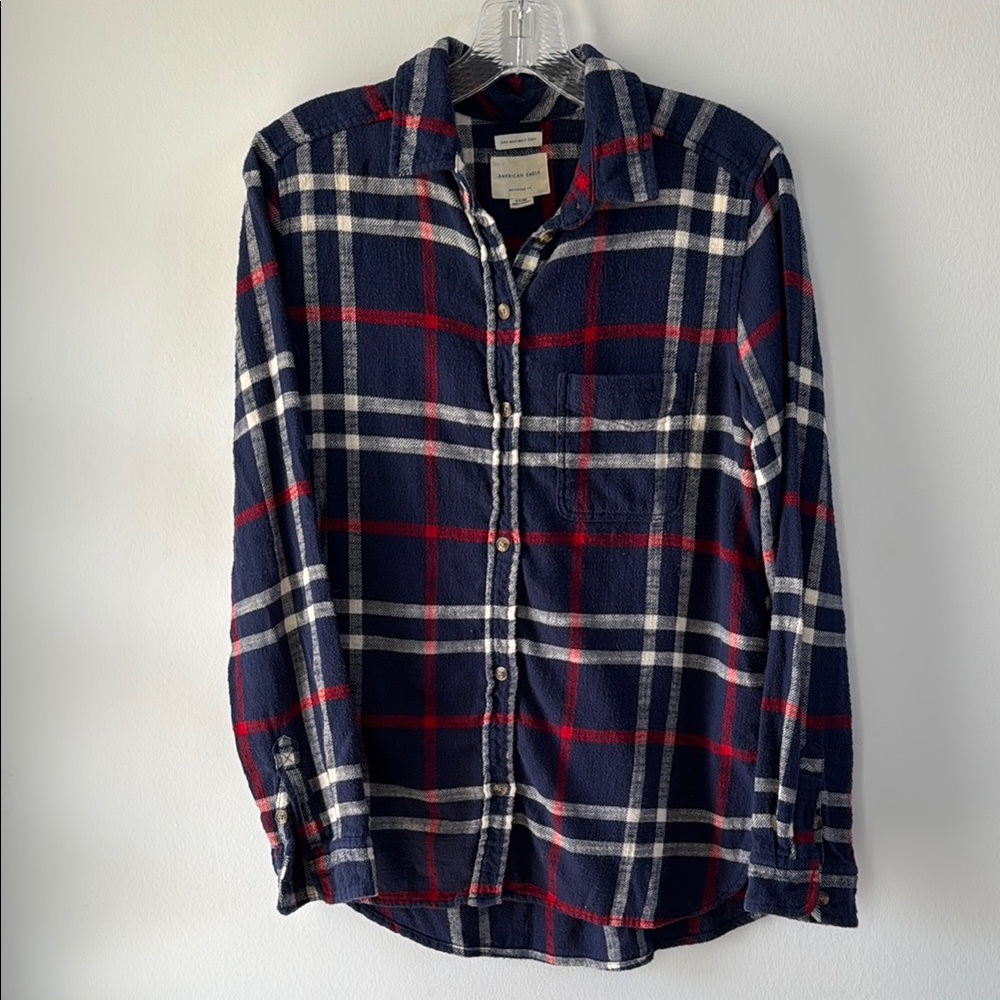 American Eagle Navy and Red Plaid Women's Shirt Small Boyfriend Fit